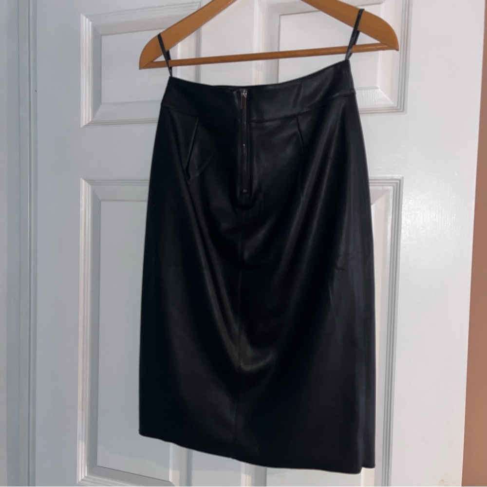 New black faux leather pencil skirt, front slit
